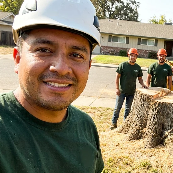 Smiling George Salinas Tree Service crew selfie after removing a large oak in Roseville