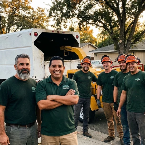 Tree service owner and crew with chip truck on a Roseville street