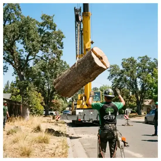 Crane lowering a tree section during a Roseville removal